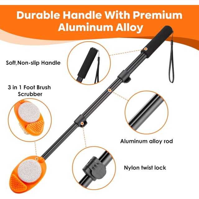 Foot Scrubber with Pumice Stone, 3 in 1 Adjustable Aluminum Tube 15”-28” Shower feet Dead Skin Remover, Foot Cleaning Brush for Seniors,Elderly, Disabled Men and Women