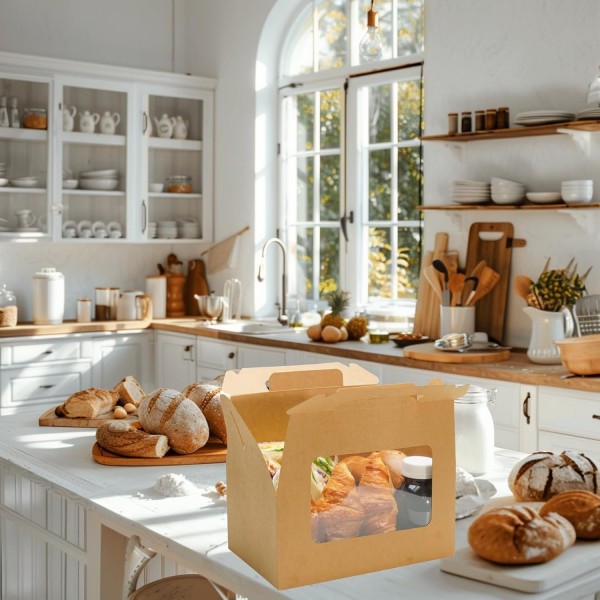 30 Pack Large Gable Gift Boxes Brown Kraft Party Treat Boxes with Window Disposable Lunch Box Togo for Treats Meals Cookies Favors Goodies Gifting Baked foods