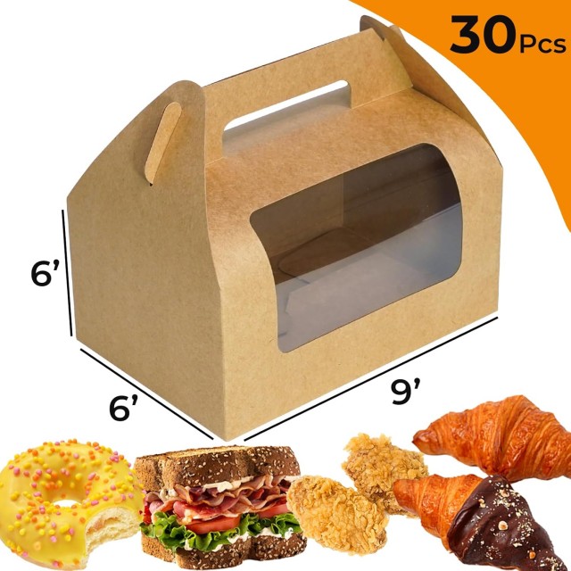 30 Pack Large Gable Gift Boxes Brown Kraft Party Treat Boxes with Window Disposable Lunch Box Togo for Treats Meals Cookies Favors Goodies Gifting Baked foods