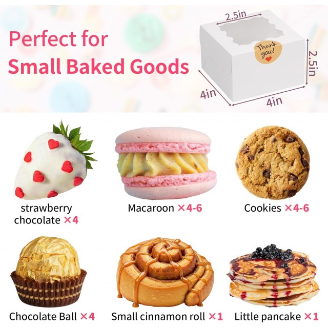 24pcs White Cookie Boxes, Bakery Boxes with Window, for Mini Cake Treat Dessert Pastry Donuts Macaroon Strawberries Chocolate Candy (with Stickers)